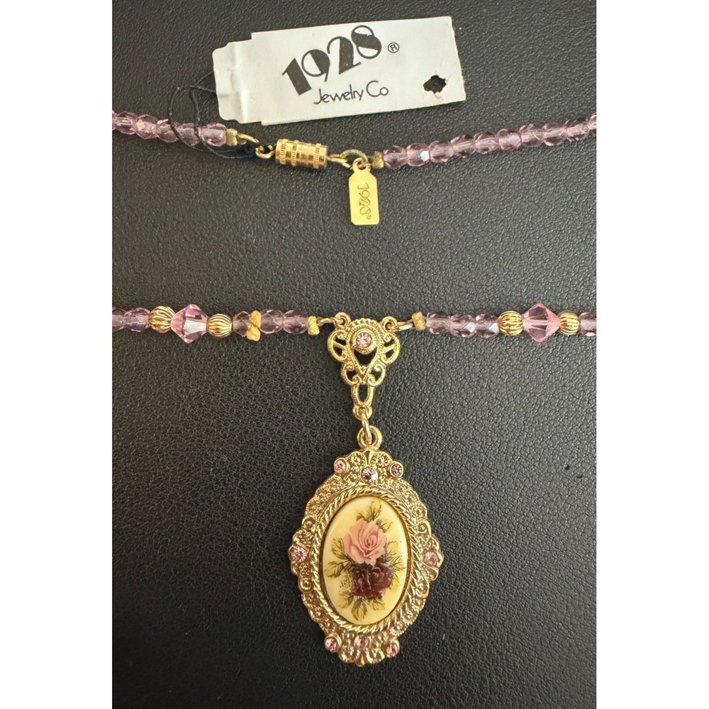 Vintage 1928 Necklace Victorian Revival Beaded Floral Cameo Purple Gold Tone